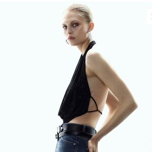 MANGO TOP WITH DRAPED NECKLINE AND CRYSTALS